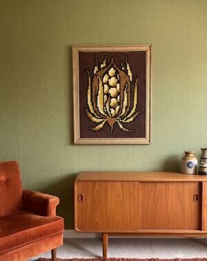 Vintage Needlepoint Corn Framed Wall Art Brown Gold Cottagecore Boho Folk 70s